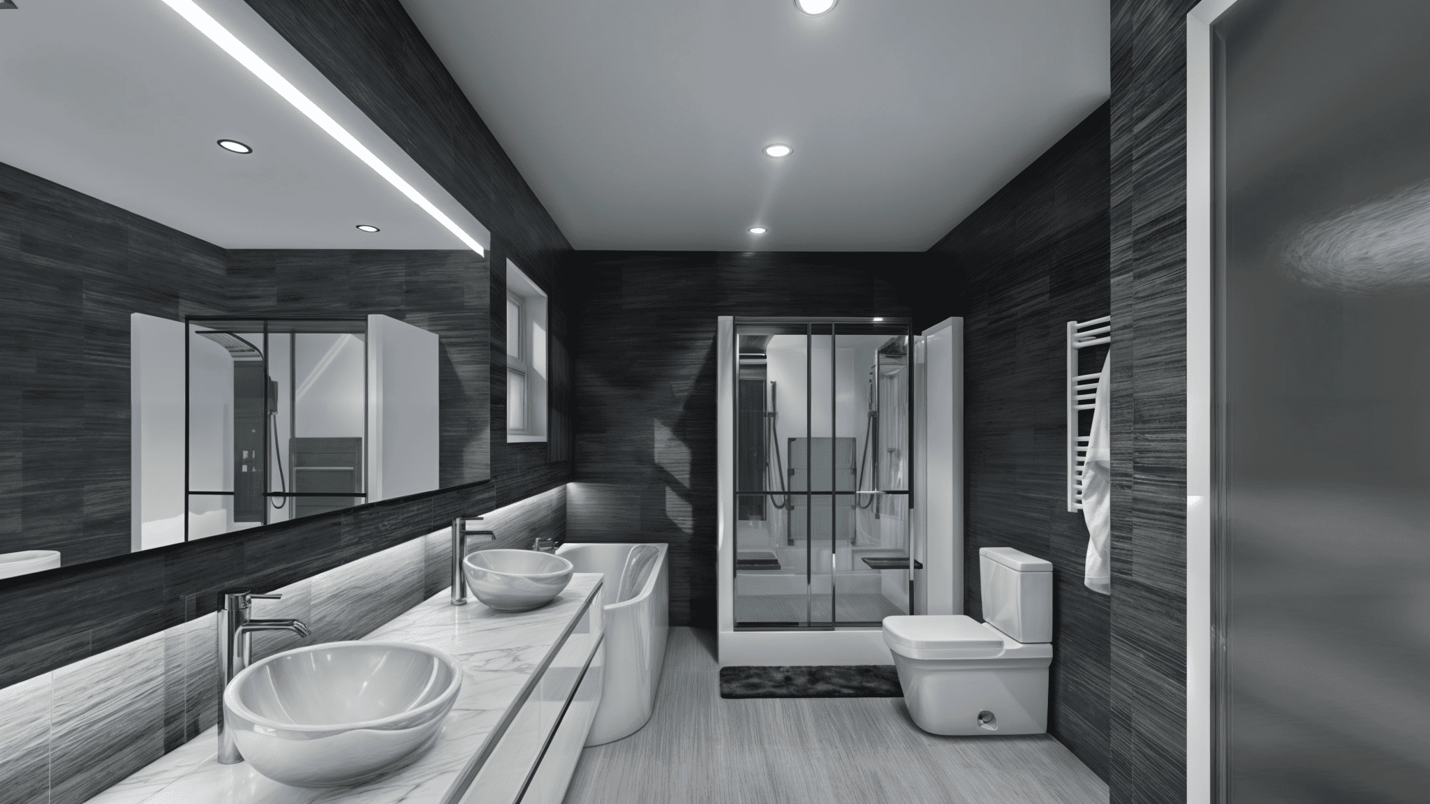 201.12 A modern bathroom features dual sinks with bowl-style basins, a large mirror, dark tile walls, a shower stall with glass doors, and a wall-mounted towel warmer next to the toilet.